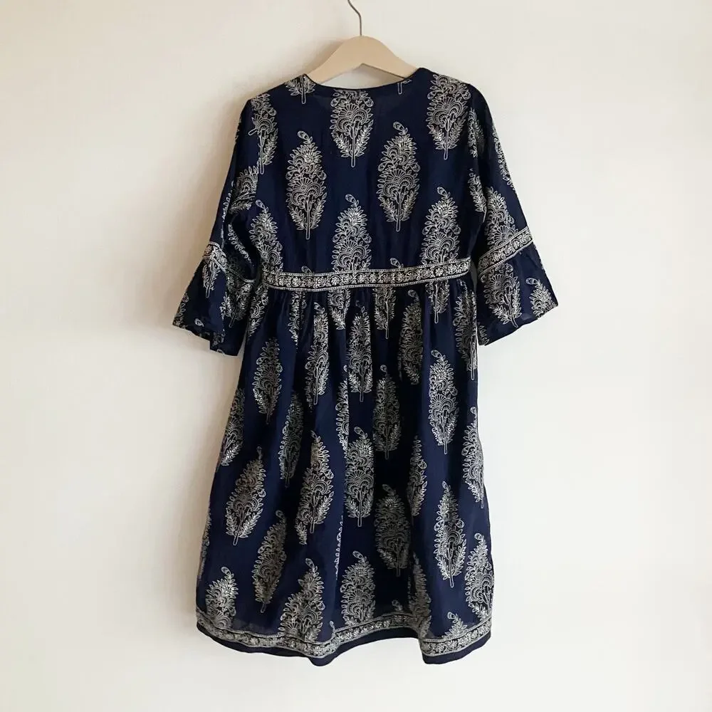 Anokhi Koki Girls Size 4-5 Dress 100% Cotton 3/4 Sleeve Dark Blue Paisley - Picture 5 of 11